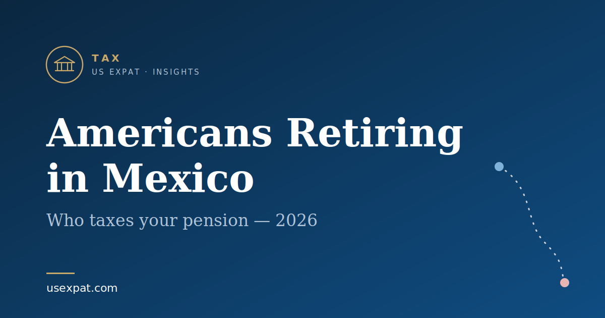 Navy graphic reading Americans Retiring in Mexico, with a dotted route line running south from the United States