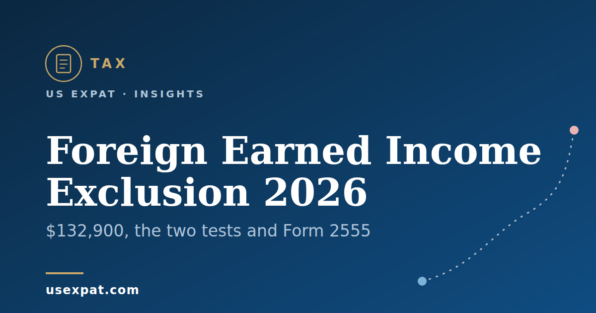 Navy graphic reading Foreign Earned Income Exclusion 2026 with the US Expat Insights mark and a dotted route line.