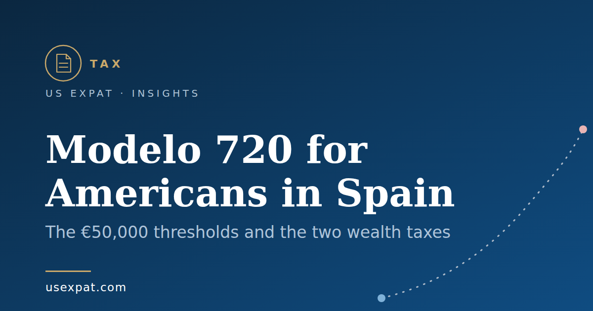 Navy title card reading Modelo 720 for Americans in Spain with a gold TAX badge and a dotted route line
